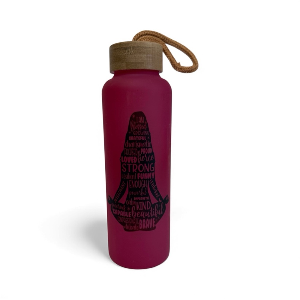 Frosted Pink Glass Water Bottle Bamboo Lid & Carrying Strap Yoga Affirmations